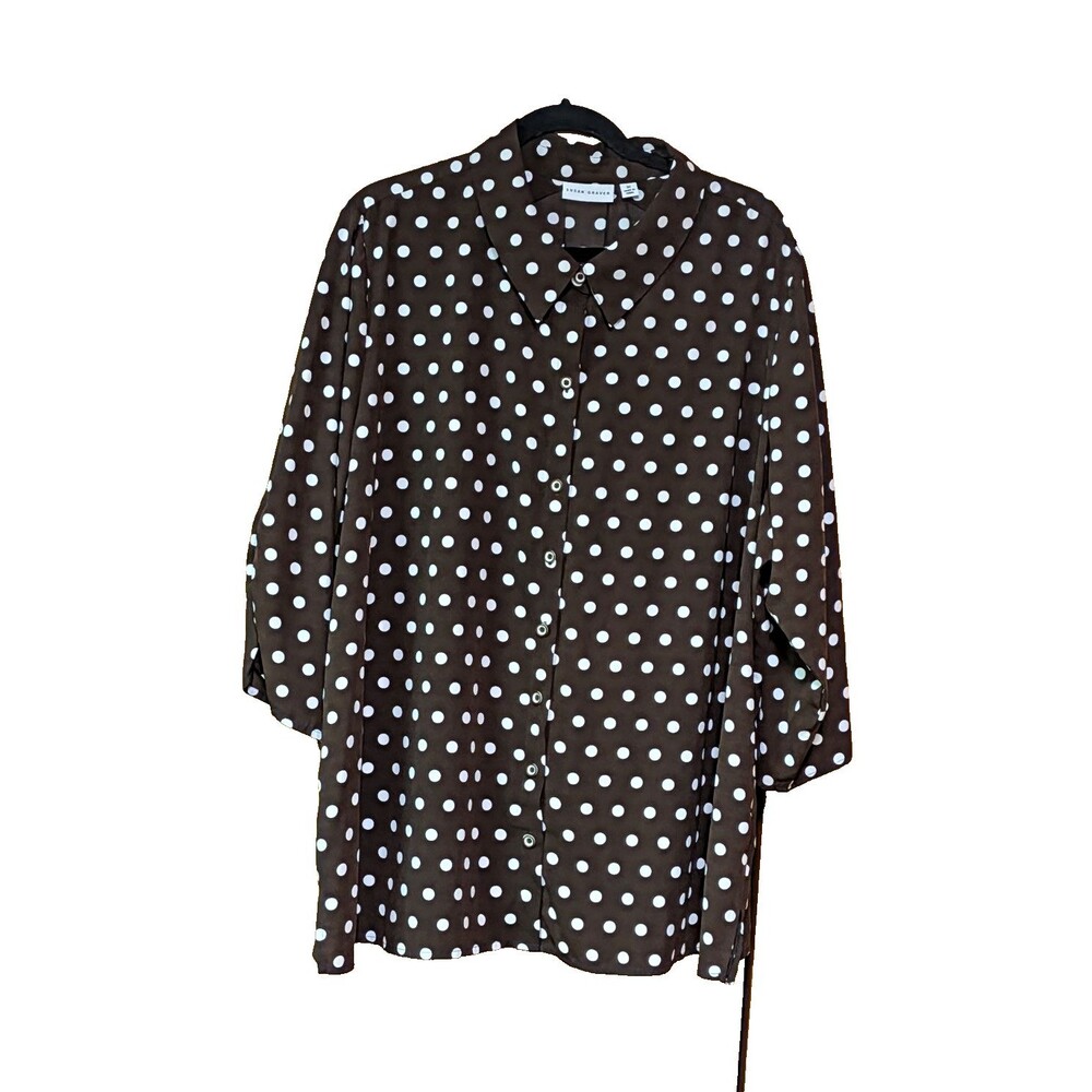 Susan Graver Women’s 3X Brown White Polka Dot Button Front Collared Blouse